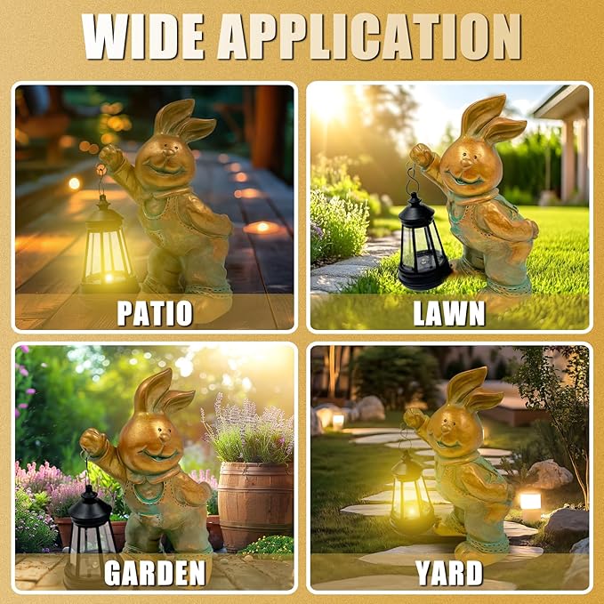 Outdoor Bunny Statue Solar Lantern for Garden Yard Lawn Patio Bronze Rabbit Figurine Decorations Housewarming for Mom Grandma Women