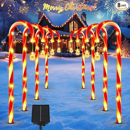 Lewondr 41" Solar Christmas Candy Cane Lights Outdoor, Upgraded Pathway Stake Lights, 8 Modes Control, 96 LED Beads, Waterproof Solar and Type-C Charging Outside Decor for Yard Patio Holiday, 8Pack