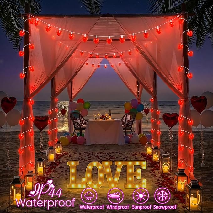 20Ft Valentine's Day String Lights Outdoor with Glitter 3D Red Heart Shaped Lights, 22 Dimmable LED Bulbs(2 Spare) Waterproof for Indoor Outdoor Wedding Anniversary Party Valentine's Day Decorations