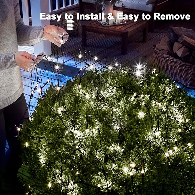 echosari Solar Powered Net Lights, 200 LED 9.8Ft x 6.6Ft Christmas Bush net Lights Dark Green Wire Auto On/Off 8 Modes Net Lights Outdoor Mesh Lights for Bushes Shrubs Lawn Decoration (Cool White)