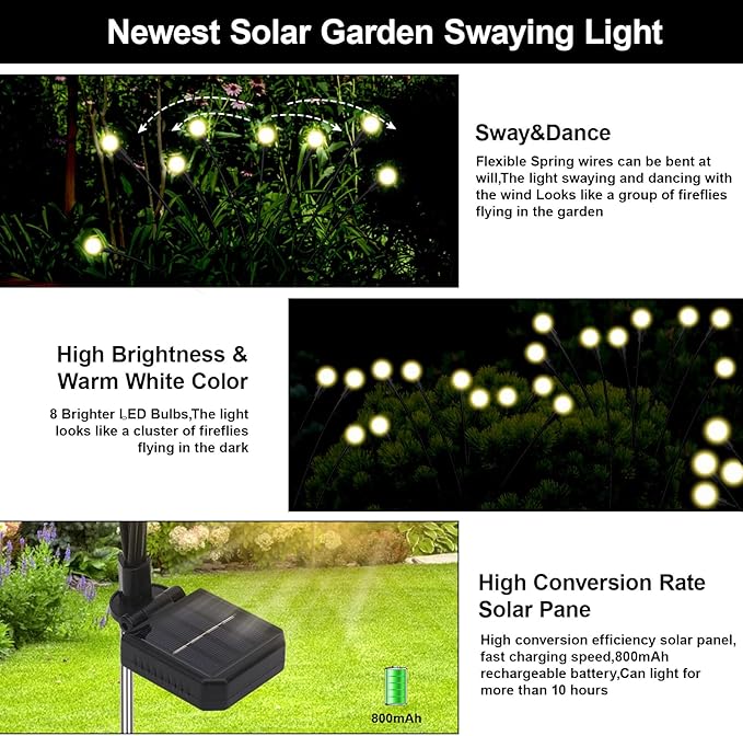 Firefly Lights Solar Outdoor, 8 Modes 800mAh Swaying Solar Firefly Garden Lights Stakes Outdoor Waterproof for | Lumora