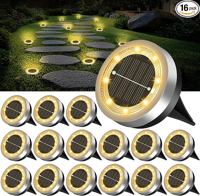 Mini Solar Ground Lights Outdoor 16 Pack Waterproof Upgraded Anti-Rust Solar Flat Garden Lights Stainless Steel | Lumora
