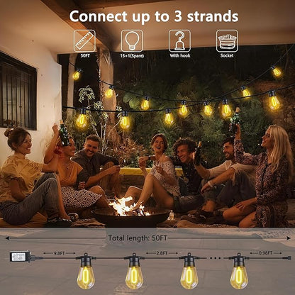 LED Outdoor String Lights, 50FT Patio Lights with 16Pcs Shatterproof S14 Bulb(1 Spare),4 Lighting Mode, Connectable, Waterproof Warm White Edison Plastic Bulb Hanging Light for Yard Gazebo Porch Décor