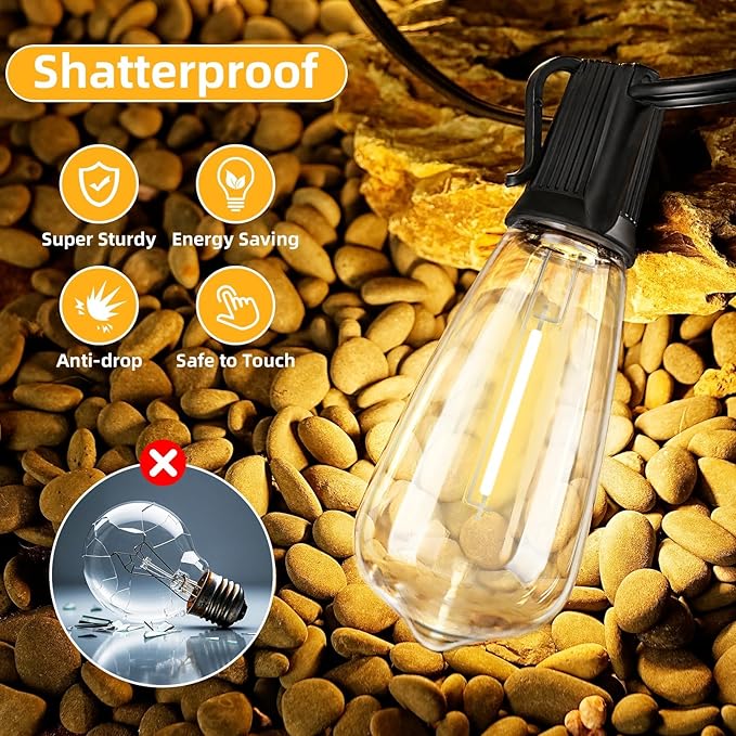 ST40 25FT Outdoor LED String Lights with 12+1 Shatterproof Bulbs,E17 Socket, 2700K Warm White,Weatherproof, 0.6W | Lumora