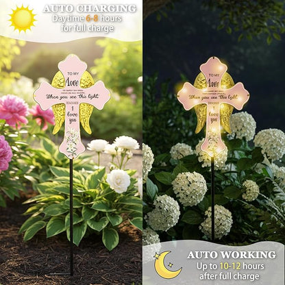 Solar Cross Lights with Angel Wings, Pink and Gold Memorial Grave Decorations, When You See This Light Remember I Love You Sentiment, Cemetery Tombstone Garden Stake with Ground Stake
