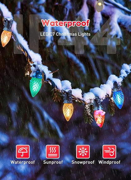Multicolor C7 LED Christmas Lights Outdoor, 100FT Colorful Christmas String Lights with 100+4 Plastic Bulbs, Traditional Hanging Holiday Lights for Christmas Tree Patio Fence Roofline Xmas Decorations
