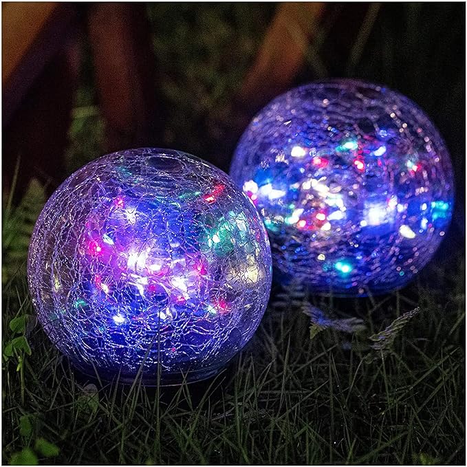 Solar Ball LED Lights Crackle Glass Globe Garden Stake Lamp Yard Art Decor for Yard Pathway Patio Lawn Decoration (Colorful)