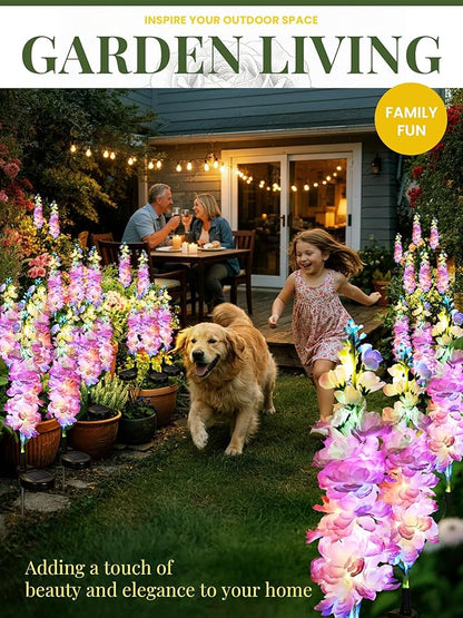GIGALUMI Solar Lights Outdoor for Garden Decor, 2 Pack Solar Flower Lights Waterproof, 2 Lighting Modes Delphinium for Pathway,Yard, Patio Decoration, Gardening Gifts for Women (Pink)
