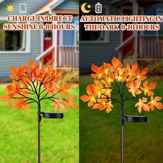 VIHOSE 4 Pcs Fall Maple Outdoor Solar Lights Thanksgiving Decorations LED Tree Lights Powered Solar Stake Waterproof for Outside with Adjustable Branches Autumn Decorations for Yard Lawn Patio