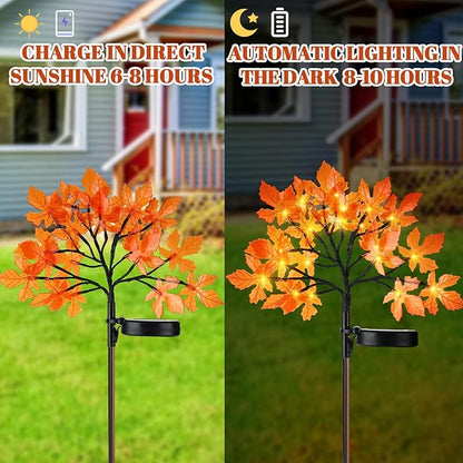 VIHOSE 4 Pcs Fall Maple Outdoor Solar Lights Thanksgiving Decorations LED Tree Lights Powered Solar Stake Waterproof for Outside with Adjustable Branches Autumn Decorations for Yard Lawn Patio