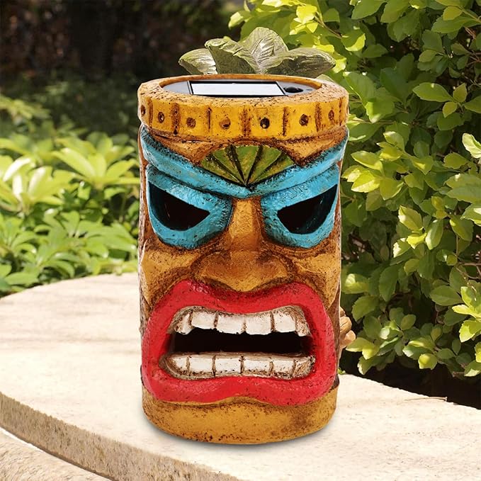 Tiki Head Solar Statue Light for Garden Decor and Bar Decoration (Blue)