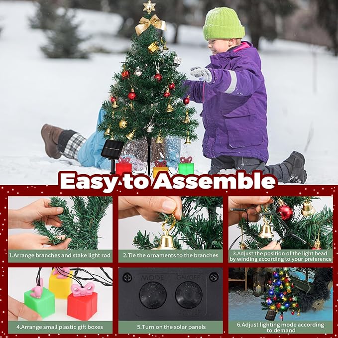 2 Pack Solar Mini Christmas Tree Decorations Lights, 30 Inch 8 Flashing Modes Waterproof Xmas Decor, 60 LED Lights with Ornaments 6 Lighted Gift Boxes for Porch Pathway Yard Garden (Warm White)