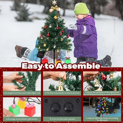 2 Pack Solar Mini Christmas Tree Decorations Lights, 30 Inch 8 Flashing Modes Waterproof Xmas Decor, 60 LED Lights with Ornaments 6 Lighted Gift Boxes for Porch Pathway Yard Garden (Warm White)