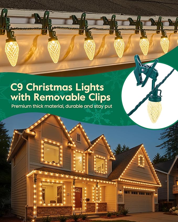 C9 Christmas Lights Outdoor with 100 Spring Clips 65FT 100LED, C9 String Lights Waterproof Connectable for House Roof Patio Yard Windows Xmas Tree Outdoor Christmas Light Decorations, Warm White