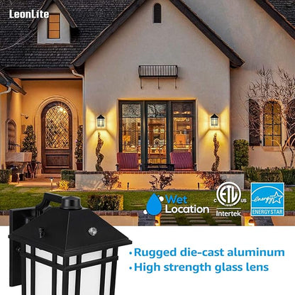 LEONLITE Dusk to Dawn Outdoor Wall Lights, 1219lm 14W LED Wall Sconce Light Fixtures, Frosted Glass Exterior Wall Lantern, Waterproof Porch Lights, ETL & ES Listed, 3000K Warm White
