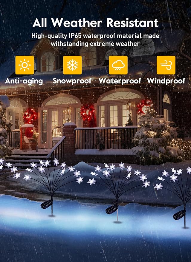 Brightown Christmas Pathway Lights - 4 Pack 48 LED Snowflake Outdoor Lights with 2 Modes, Swaying with Wind, Waterproof Solar Firefly Light Decoration for Yard, Cool White