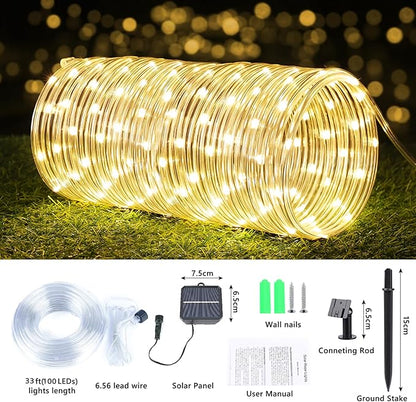 Solar Rope Lights, 33ft 100LED Solar String Lights, 8 Modes Waterproof Solar Powered Outdoor Light, Flexible Clear Tube Light for Garden, Backyard, Patio, Deck, Porch, Pool,Tree Decoration- Warm White