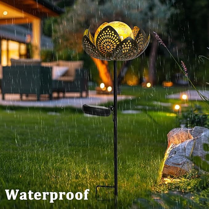 Bshine Lotus Solar Light Outdoor, Waterproof Crack Glass Globes LED Lotus Flower Metal Stake Valentine's Day Outdoor Decor Yard, Courtyard, Path, Art Lawn Ornaments, Gift for Mom Housewarming, Yellow