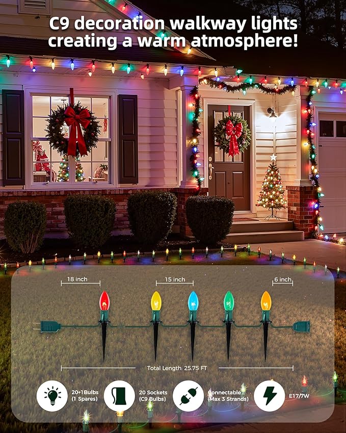 Christmas Pathway Lights Outdoor, 25.7 Feet C9 Lights with 20 Multicolor Bulbs and Stakes, Connectable Outdoor | Lumora
