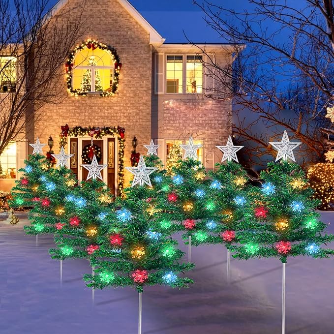 Christmas Decorations Outdoor 4 Sets Solar Christmas Tree with 80pcs Multi-Color C6 Snowflake Led Lights 8 Lighting Modes Waterproof Pathway Lights for Outside House Garden Yard
