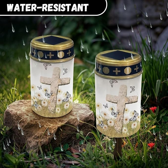 Butterfly Cross Decorations Solar Lights,Grave Solar Lights for Cemetery, Outdoor Waterproof Memorial Day Decorations Patriotic Lights for Garden Yard Pathway Grave