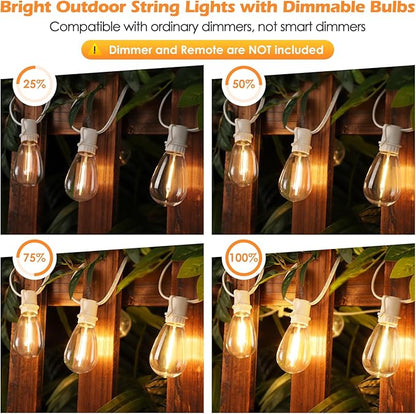 192FT(2x96FT) LED Outdoor String Lights, Linkable Patio Light with 60+3 2700K Waterproof Dimmable Hanging Bulbs for Pergola Cafe Wedding-White