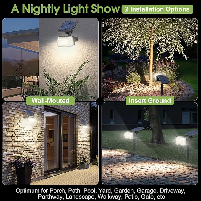 102 LED Solar Spot Lights Outdoor Waterproof IP65, Adjustable Landscape Spotlights, [2 Pack/4 Modes] Auto On/Off | Lumora