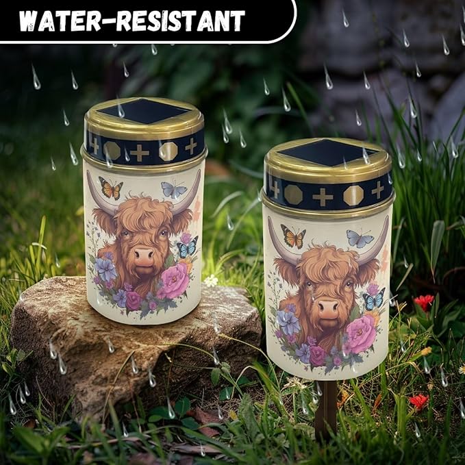 ZOUTAIRONG Solar Light for Cemetery Grave 4 Pack Solar Garden Lights Solar Lights Outdoor Garden Solar Pathway Lights Outdoor Cemetery Solar Lights for Grave Solar Lights Highland Cattle Print
