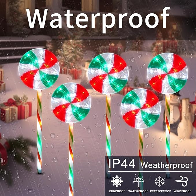 BRIGHTDECK Lollipop Solar Christmas Pathway Lights Outdoor, 5 Pack LED Christmas Decor with 8 Lighting Modes, Light Up Solar Stake Lights for Holiday, Xmas, Walkway, Sidewalk (RedGreen, 5 PCS)