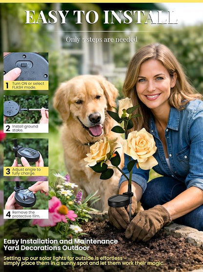 GIGALUMI Solar Lights Outdoor for Garden Decor, 3 Pack Solar Flower Lights Waterproof, 2 Lighting Modes 9 Rose Flowers for Pathway,Yard, Patio Decoration, Gardening Gifts for Women (Yellow)