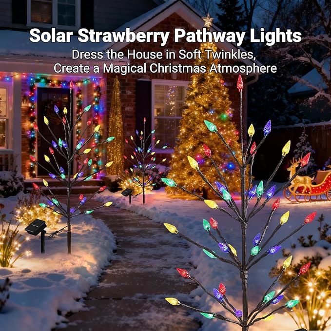2 Packs Solar Holiday Lights, 80 LED Holiday Decorations Outdoor Solar Garden Lights, Waterproof Strawberry Pathway | Lumora