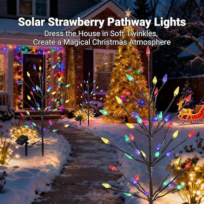 2 Packs Solar Holiday Lights, 80 LED Holiday Decorations Outdoor Solar Garden Lights, Waterproof Strawberry Pathway Lights for Decorating Yard Garden Patio Cemetery Grave - Xmas Gifts