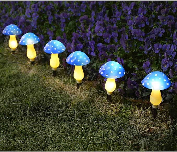6-Pack Blue Solar Garden Lights, Solar Powered Mushroom Stake Lights for Outdoor Yard Decor, Waterproof Garden Ornaments for Backyard Lawn Deck Landscape Fence Christmas Halloween Decorations