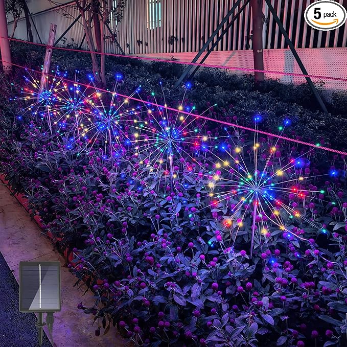 Solar Garden Firework Lights Outdoor, 5 Pack 450 LED 8 Lighting Modes Waterproof Landscape Decorative Sparklers Twinkling Starburst Lights for Yard Pathway Walkway Christmas, Colorful