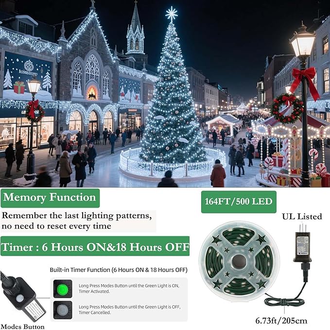 Tcamp 164FT 500 LED White Christmas Lights, 8 Modes Christmas Tree Lights with Timer Memory Function, Green Wire Starry Fairy String Light for Xmas Tree Outdoor Indoor Decor
