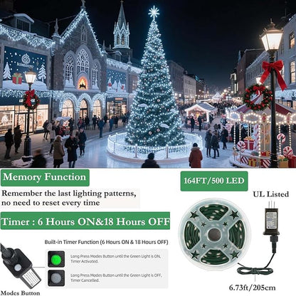 Tcamp 164FT 500 LED White Christmas Lights, 8 Modes Christmas Tree Lights with Timer Memory Function, Green Wire Starry Fairy String Light for Xmas Tree Outdoor Indoor Decor