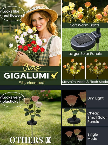 GIGALUMI Solar Lights Outdoor for Garden Decor, 4 Pack Solar Flower Lights Waterproof, 2 Lighting Modes 28 Rose Flowers for Pathway,Yard, Patio Decoration, Gardening Gifts for Women (Multi-Colored)