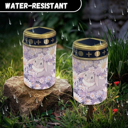 Rabbit Flower Solar for Cemetery Grave Memorial Stake Solar Lights Waterproof Outdoor Garden Stake Solar Cemetery Cross for Grave Yard Decorations