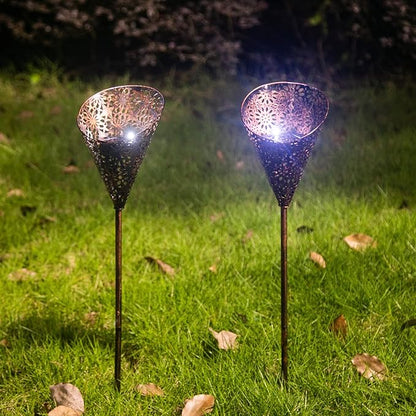 Adeco Solar Powered Lights Set of 2 Torch Shape Outdoor Lamp Decor 23 inch Metal Crackle Glass Globe Stake Lights with Large Solar Panel Waterproof LED Lights for Ground Patio Lawn Pathway