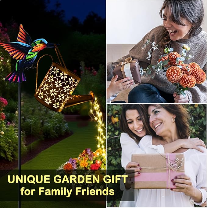 Solar Watering Can with Cascading Lights Outdoor Garden Decor, Hummingbird Shaped Hook Gardening Gifts for Mom | Lumora