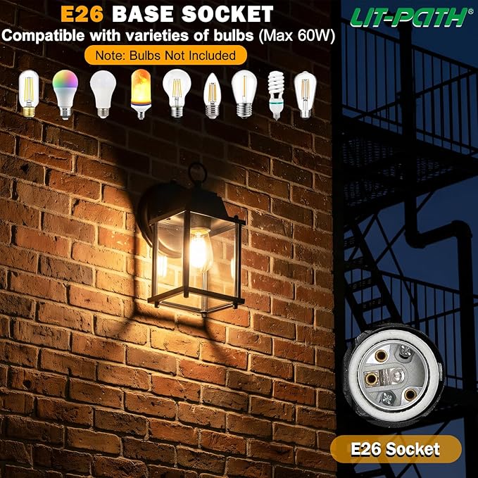 LIT-PaTH Dusk to Dawn Outdoor Wall Lantern, Wall Sconce, Waterproof Proch Light Fixture E26 Base, Aluminum Housing | Lumora