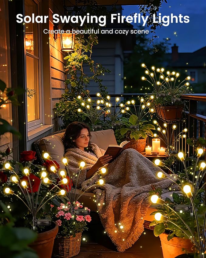 OZS 10 Pack Total 80 LED Solar Garden Lights Fairy Outdoor - Solar Firefly Lights Outdoor, Sway by Wind, Waterproof for Garden Patio Pathway Fairy Decoration (Warm White)