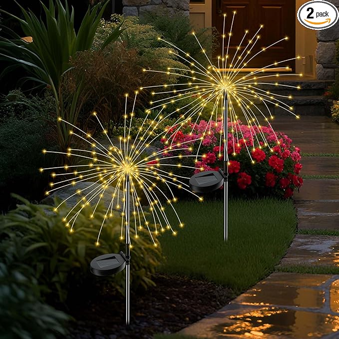 Solar Firework Lights Outdoor, 2 Pack 200 LED Fairy Lights with 8 Modes, Warm White Solar Garden Lights for Yard Pathway Lawn Patio Landscape Decor, Waterproof Fireworks for Outside