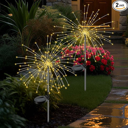 Solar Firework Lights Outdoor, 2 Pack 200 LED Fairy Lights with 8 Modes, Warm White Solar Garden Lights for Yard Pathway Lawn Patio Landscape Decor, Waterproof Fireworks for Outside