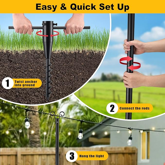 COCONUT String Light Poles for Outsides, 2 PCS 10 FT Heavy Duty Metal Poles for Outdoor String Light Hanging with Ground Anchor Holder, Backyard, Garden, Patio, for Party, Wedding