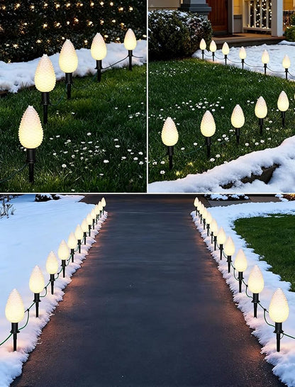 Christmas C9 Pathway Lights 7FT Pinecone, LED with 4 Stakes Connectable Holiday Commercial Warm White Light Decoration UL Listed - Green Wire
