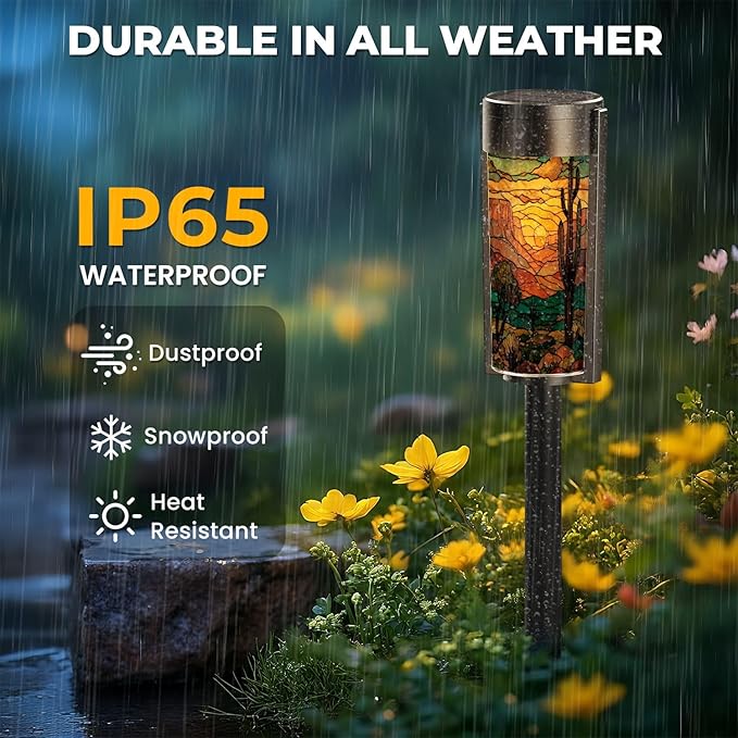 8 Pack Solar Pathway Lights Outdoor Waterproof Southwest Cactus Stained Glass Art Golden Sunset Motifs Solar Garden Lights LED Landscape Lighting for Yard Walkway Lawn Garden Decor