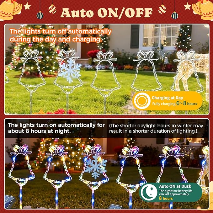 6 Packs Christmas Bell Solar Garden Lights with 8 Light Modes, 21.65 Inches Tall Christmas Outdoor Light with 20 LEDs Each, Solar Outdoor Xmas Decor for Garden, Path, Patio (Multiple-Colored)