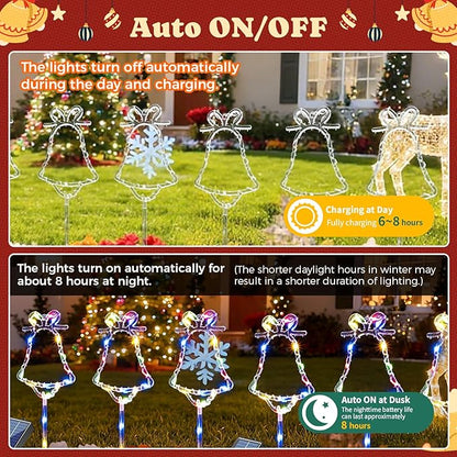 6 Packs Christmas Bell Solar Garden Lights with 8 Light Modes, 21.65 Inches Tall Christmas Outdoor Light with 20 LEDs Each, Solar Outdoor Xmas Decor for Garden, Path, Patio (Multiple-Colored)