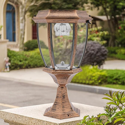 Retro Solar Powered Pillar Lights Outdoor Garden LED Lamps Bronze Aluminum Solar Lamps Waterproof LED Landscape Light Copper Fence Post Solar Lantern for Yard Patio